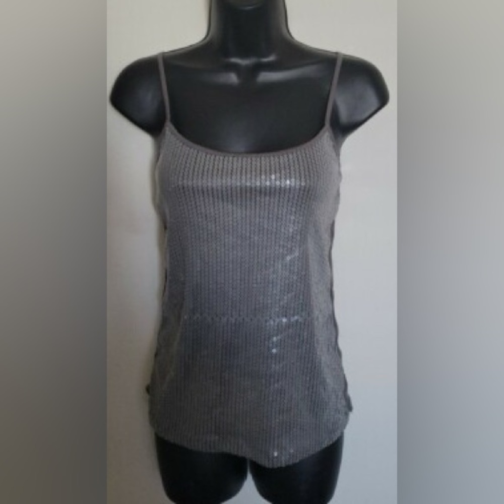 🤍 LOFT SEQUINED CAMI sequined front Gray stretchy Ladies SZ Large adj straps